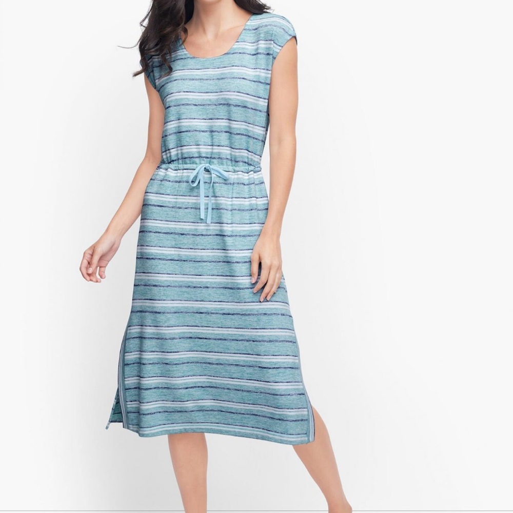 T by Talbots Blue & White Stripe Tie Waist Midi Dress Size S